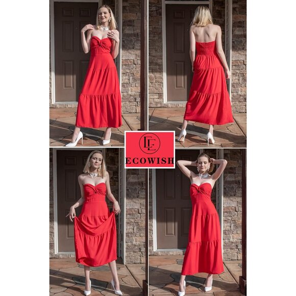 Women's Summer Strapless Maxi Dress Lightweight Off Shoulder Smocked Casual - Picture 5 of 8